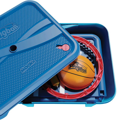 Open blue Swingball base with orange basketball and red circular track inside.