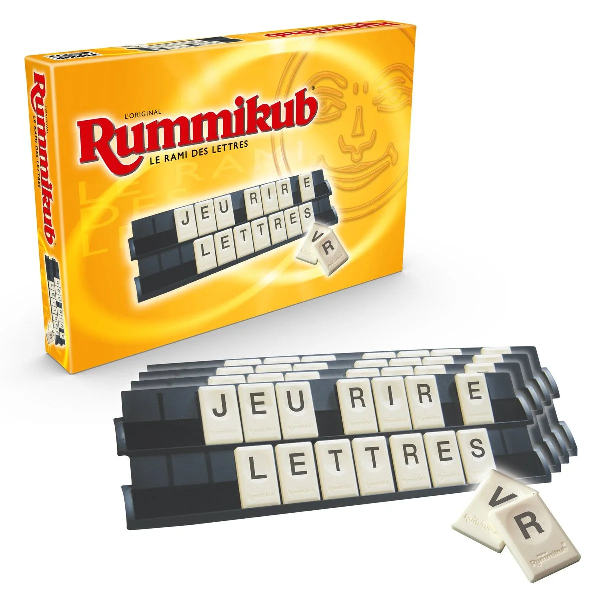 Letter tile strategy game set: box, black racks, and letter tiles including R