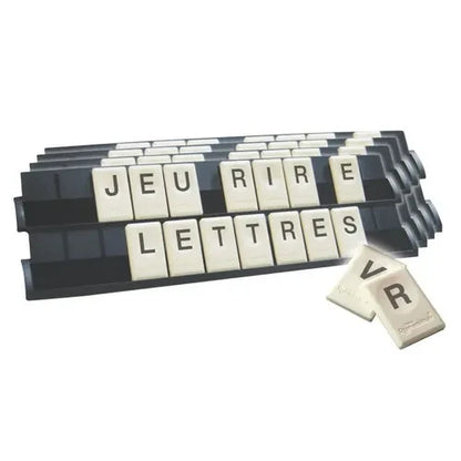 Letter tile strategy game with black tile racks and letter tiles, plus V/R tile