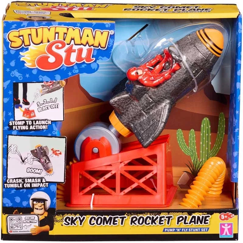 Rocket plane toy set in retail box with gray plane and red launcher