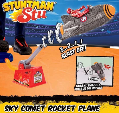 Sky Comet rocket plane toy set box art with gray plane and red launch pad