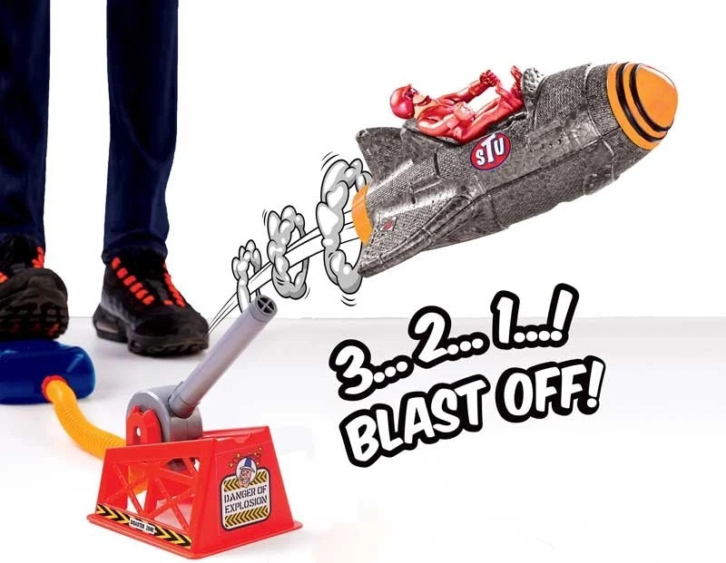 Gray rocket plane toy with red blast launcher base