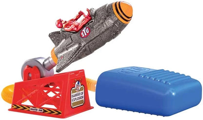 Gray and orange rocket plane toy with red launch pad and blue storage base