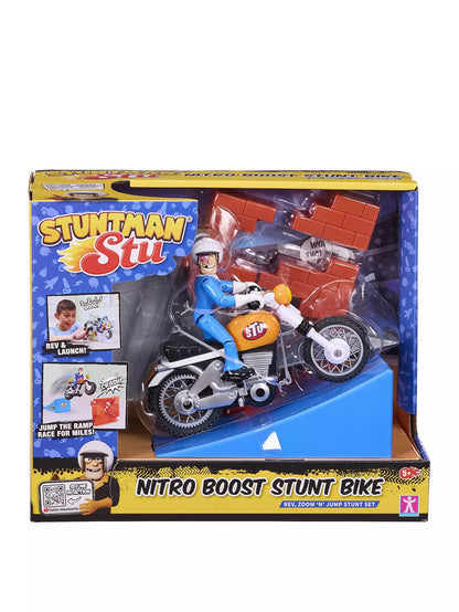 Stuntman Stu Nitro Boost Stunt Bike toy set retail box, rider on bike