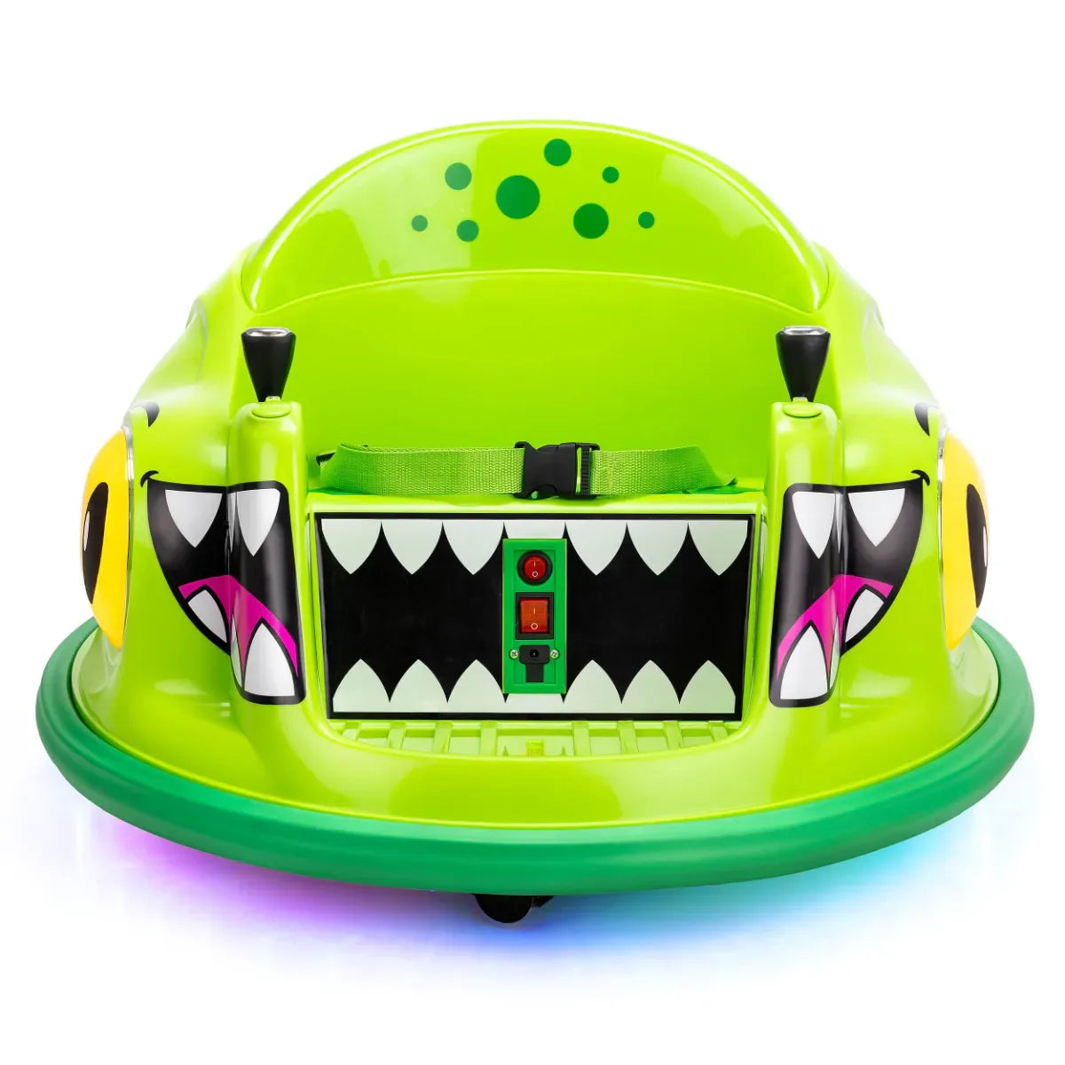 Dino-Kinder-Ride-on Bumper Car, neon-grün, Front mit Display und Monsterzähnen