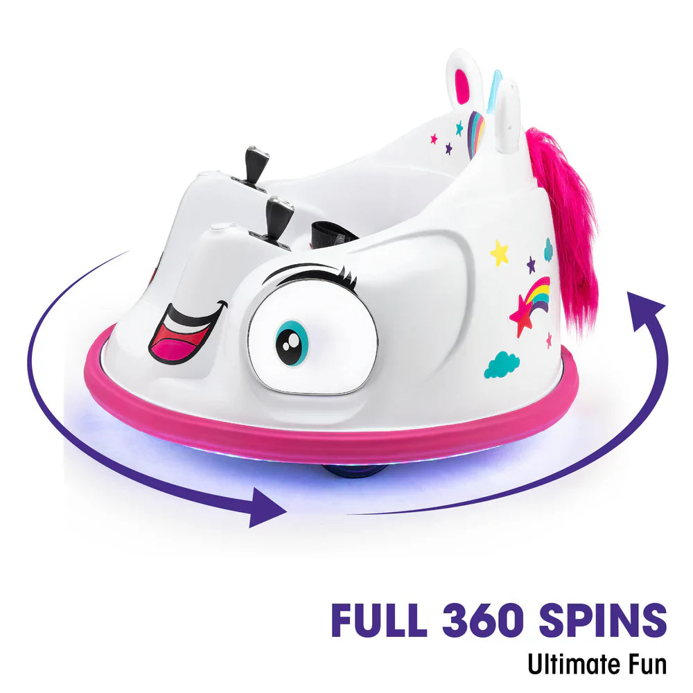 White unicorn ride-on bumper car with rainbow horn and “FULL 360 SPINS” spin arrows