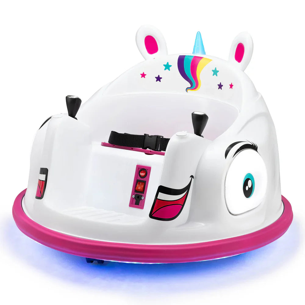 Unicorn kids electric ride-on bumper car, white body with rainbow horn and pink base