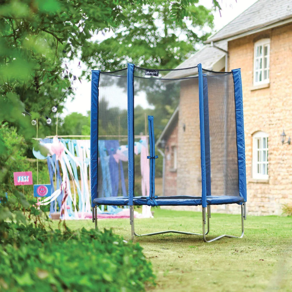 Blue safety-net trampoline with steel legs and rectangular mesh net