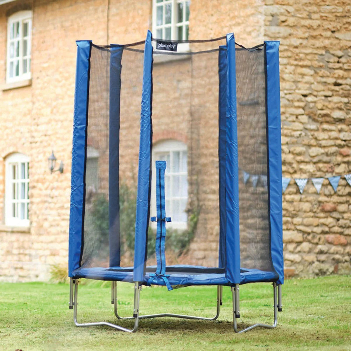 Blue trampoline with tall safety net, padded rim, and steel support legs