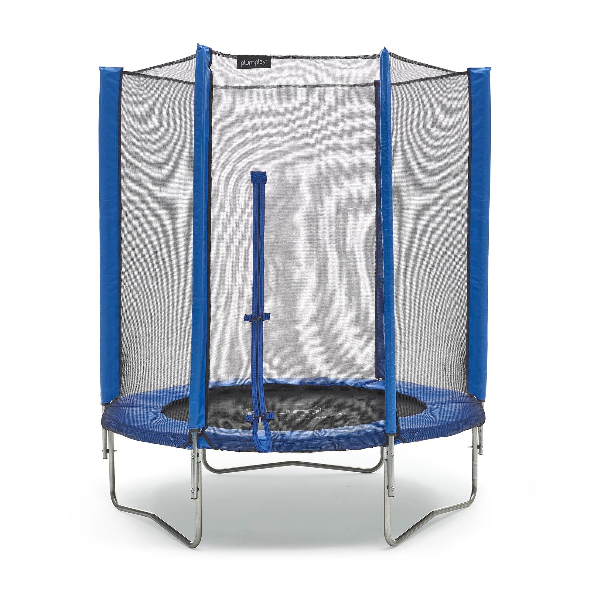 Round kids trampoline with blue safety net and padded blue frame