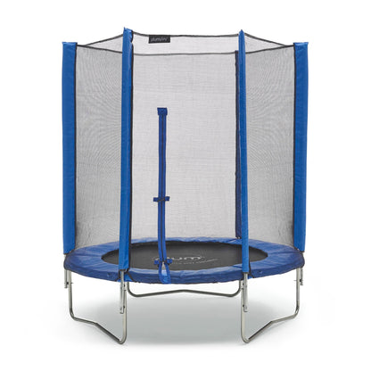 Round kids trampoline with blue safety net and padded blue frame