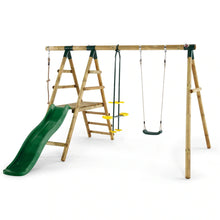 Wooden garden swing set with green slide, ladder, and two hanging seats