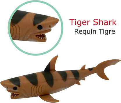 Tiger shark toy with open mouth and black stripes; close-up inset of face