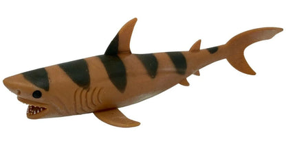 Striped brown tiger shark toy with open mouth, side view