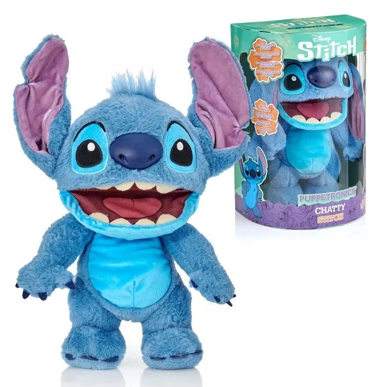 Blue Stitch plush chat puppet with purple ears and smiling face, standing pose