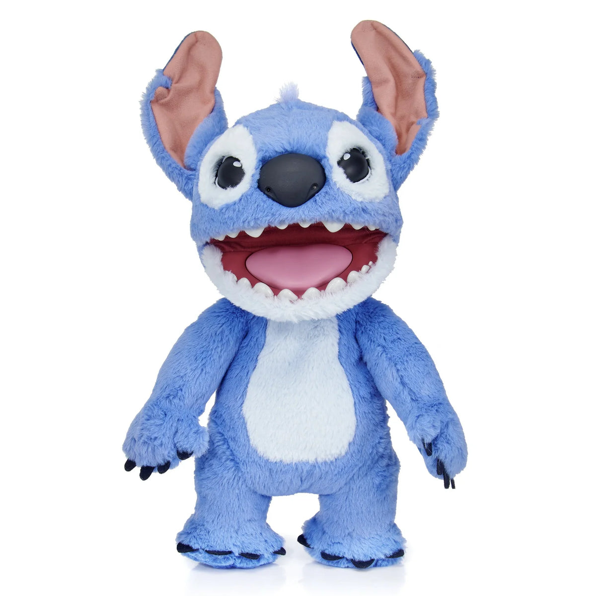 Blue plush Stitch puppet with large open mouth and stitched eyes, standing.