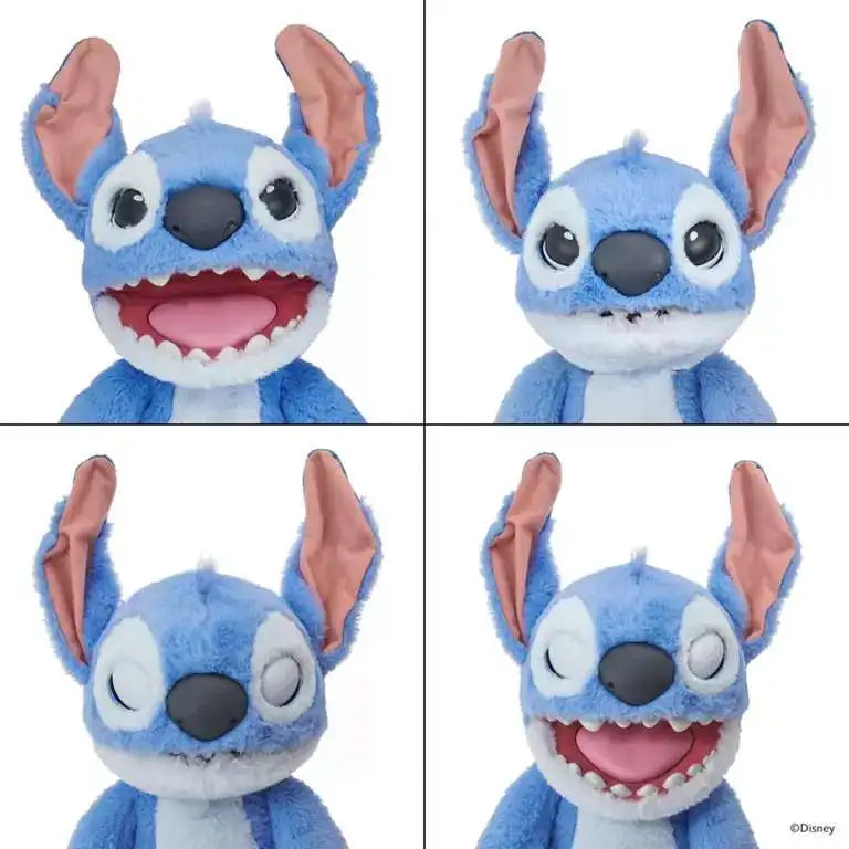Blue Stitch plush puppet head with big ears, smiling open mouth.