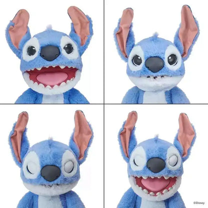 Blue Stitch plush puppet head with big ears, smiling open mouth.