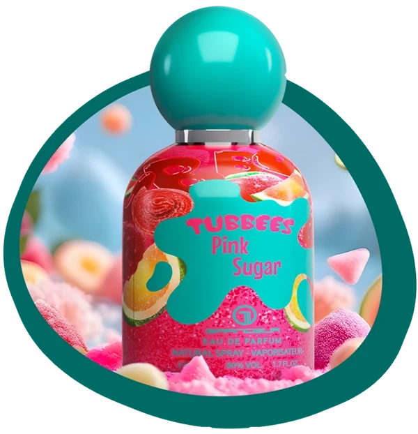 Tubbees eau de parfum spray bottle, teal cap, Pink Sugar label