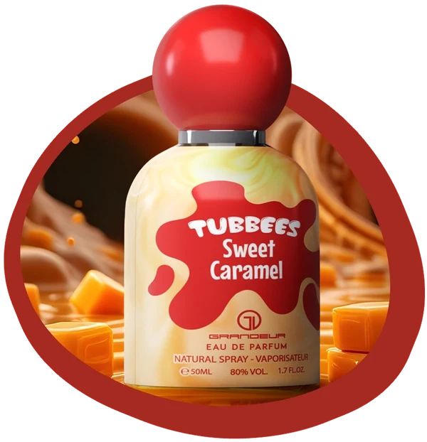 Tubbees eau de parfum spray bottle, red cap, Sweet Caramel label