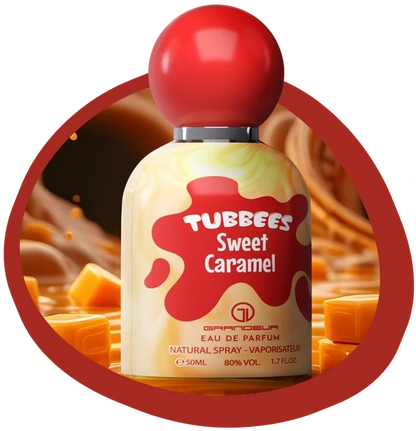 Tubbees eau de parfum spray bottle, red cap, Sweet Caramel label