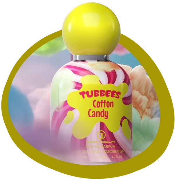 Tubbees eau de parfum spray bottle, yellow cap, Cotton Candy label