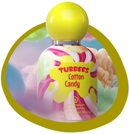 Tubbees eau de parfum spray bottle, yellow cap, Cotton Candy label