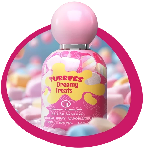 Tubbees eau de parfum spray bottle, pink cap, Dreamy Treats label