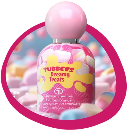 Tubbees eau de parfum spray bottle, pink cap, Dreamy Treats label