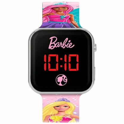 Barbie digital LED watch with black screen showing red 10:10; silver bezel, pink strap