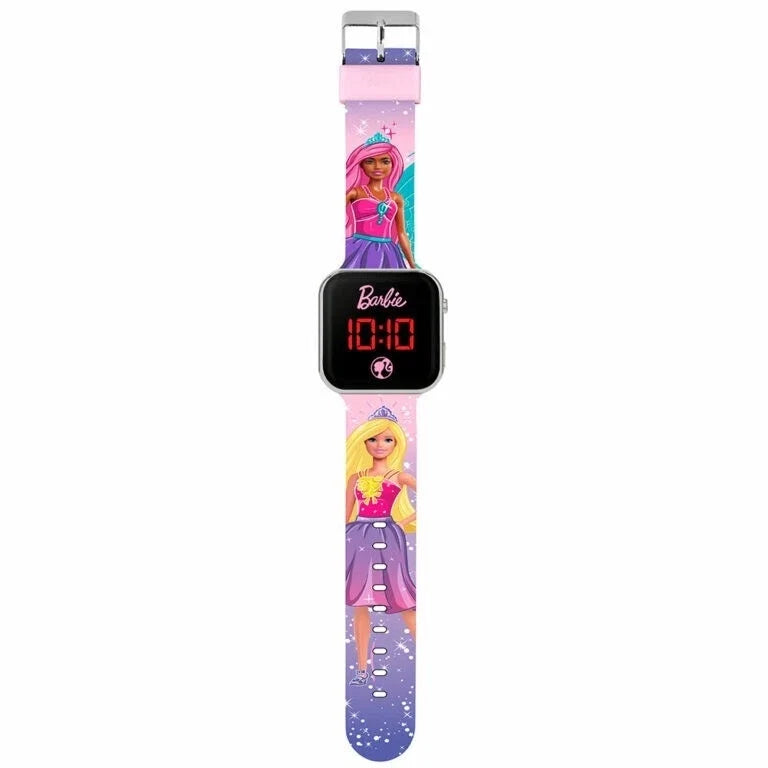 Barbie digital LED watch with black face, red 10:10, and long pink character strap