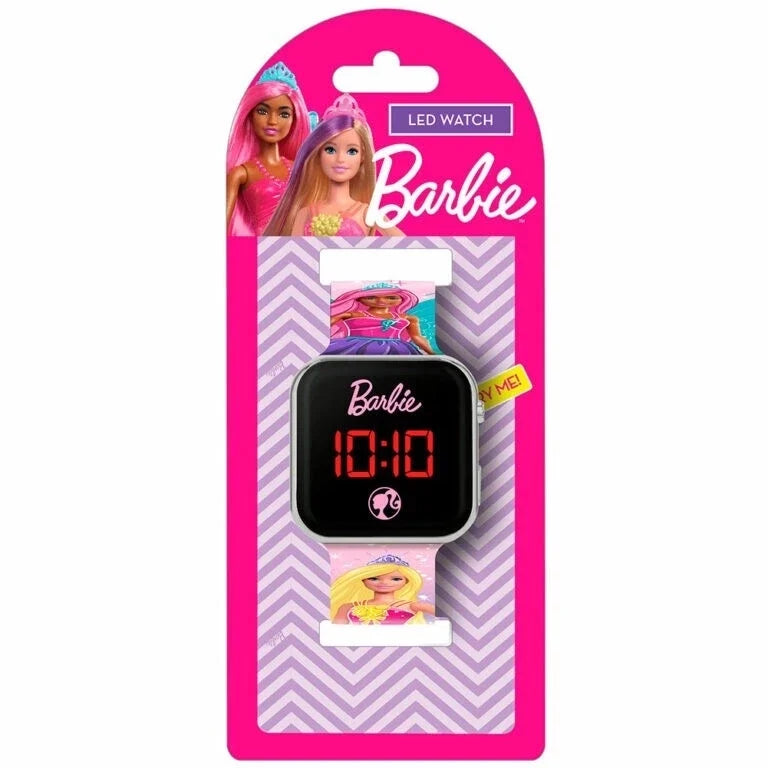 Barbie LED digital watch in blister packaging; black face with red 10:10, pink strap