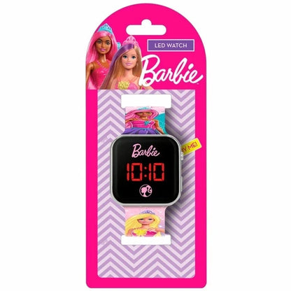 Barbie LED digital watch in blister packaging; black face with red 10:10, pink strap
