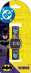 Batman-themed digital watch with yellow face, Batman graphics, and 10:10 display