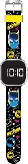 Batman digital wristwatch with black strap, Batman symbols, and time display