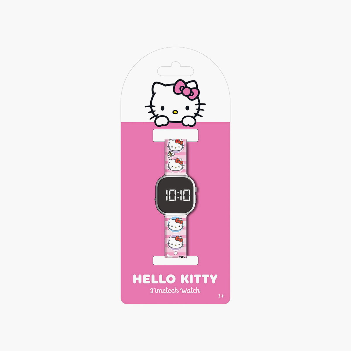 Hello Kitty themed digital watch in pink packaging with black display