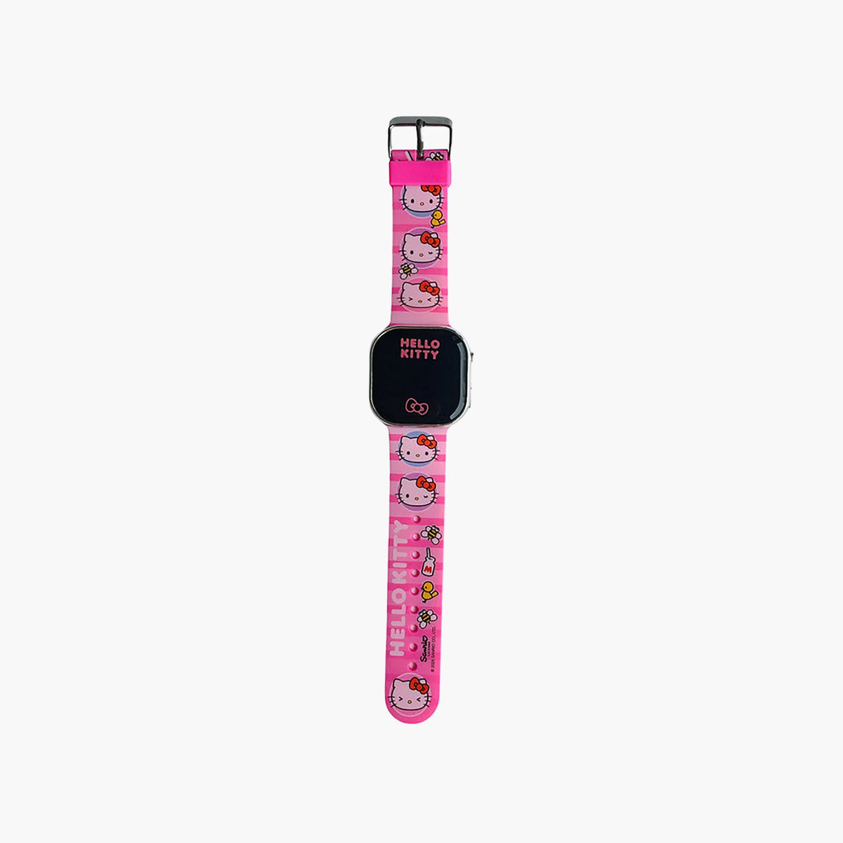 Hello Kitty digital watch strap, pink with Hello Kitty faces and black buckle