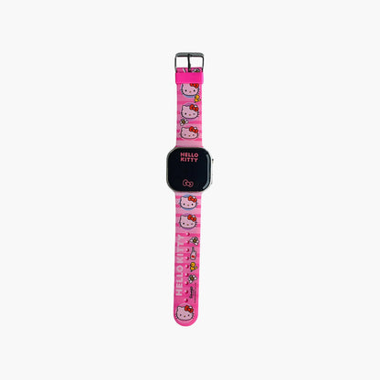 Hello Kitty digital watch strap, pink with Hello Kitty faces and black buckle