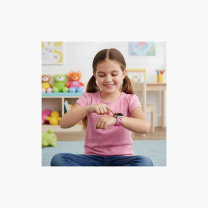 Child wearing Hello Kitty pink digital watch with black screen and patterned strap