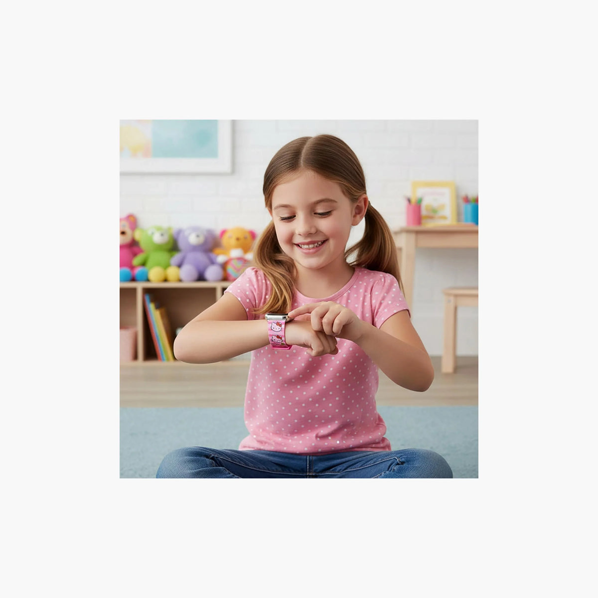 Hello Kitty pink digital watch on a child’s wrist, round black screen visible