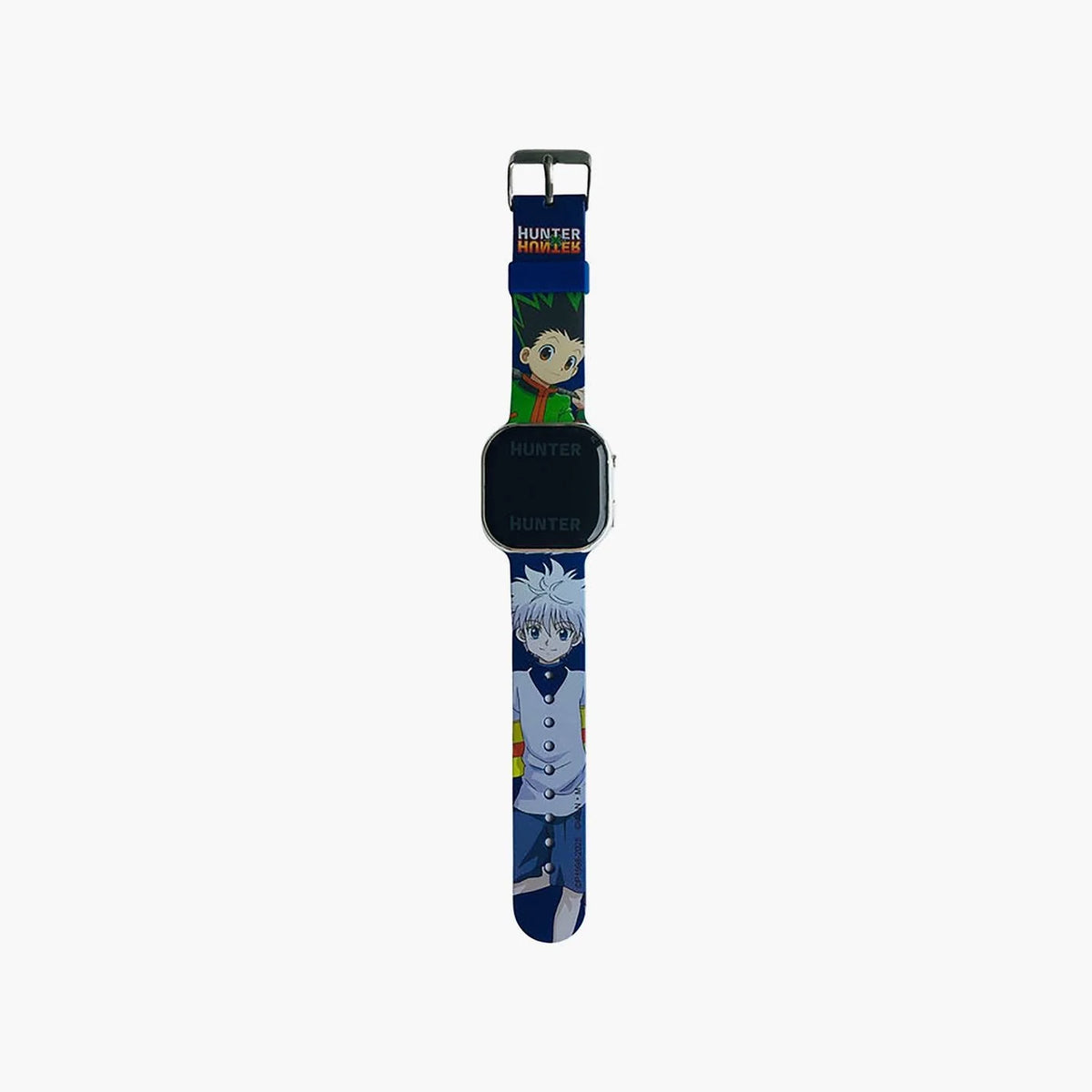 Digital wrist watch with dark display and blue character-graphic strap, adjustable clasp