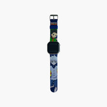 Digital wrist watch with dark display and blue character-graphic strap, adjustable clasp