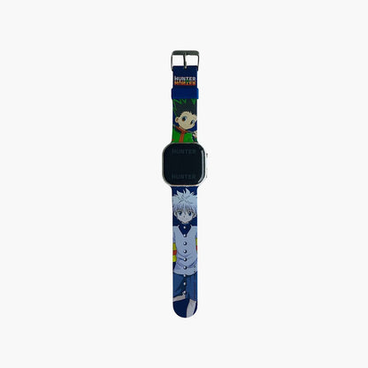 Digital wrist watch with dark display and blue character-graphic strap, adjustable clasp