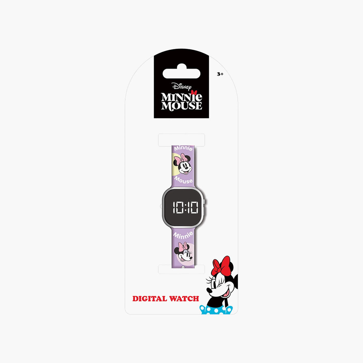 Minnie Mouse digital watch card with pink strap and black display