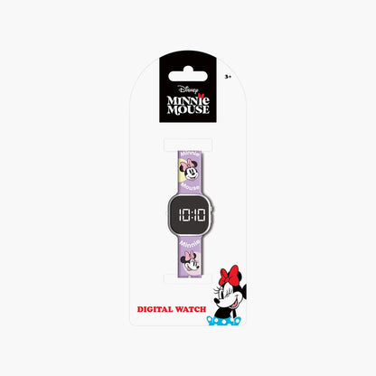 Minnie Mouse digital watch card with pink strap and black display