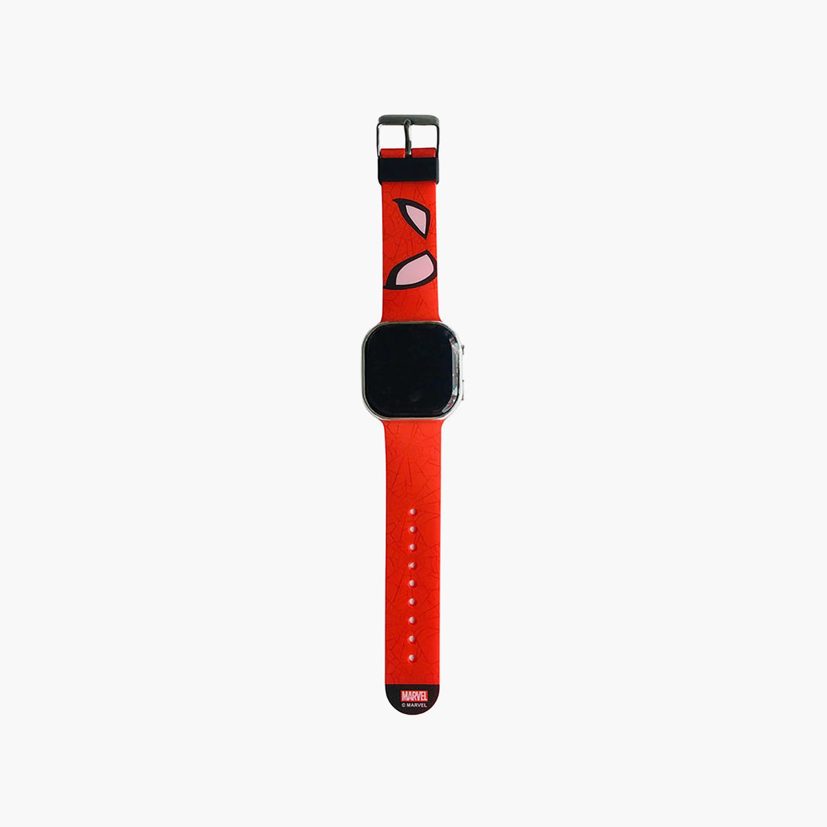 Red digital wristwatch with black bezel and black screen, silicone strap