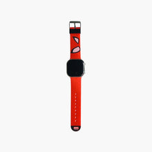 Red digital wristwatch with black bezel and black screen, silicone strap