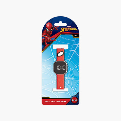 Spiderman-themed digital watch blister pack, red watch with black screen