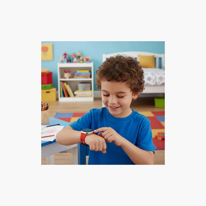 Red digital kids wristwatch on child’s arm with black screen
