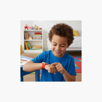 Red digital kids wristwatch with black display, worn on child’s wrist